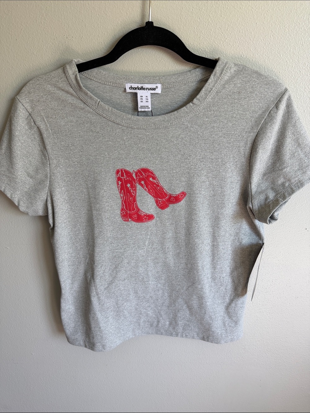 Girls Charlotte Russe Light Gray Short Sleeve Tee with Red Boot Graphic Size XL